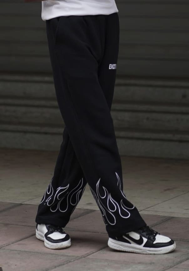 Flame Printed Black Straight Fit Baggy Pant | Fire Style by Exotix