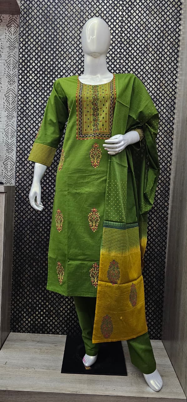 Green Block Print 3-Piece Suit Set with Ombre Dupatta