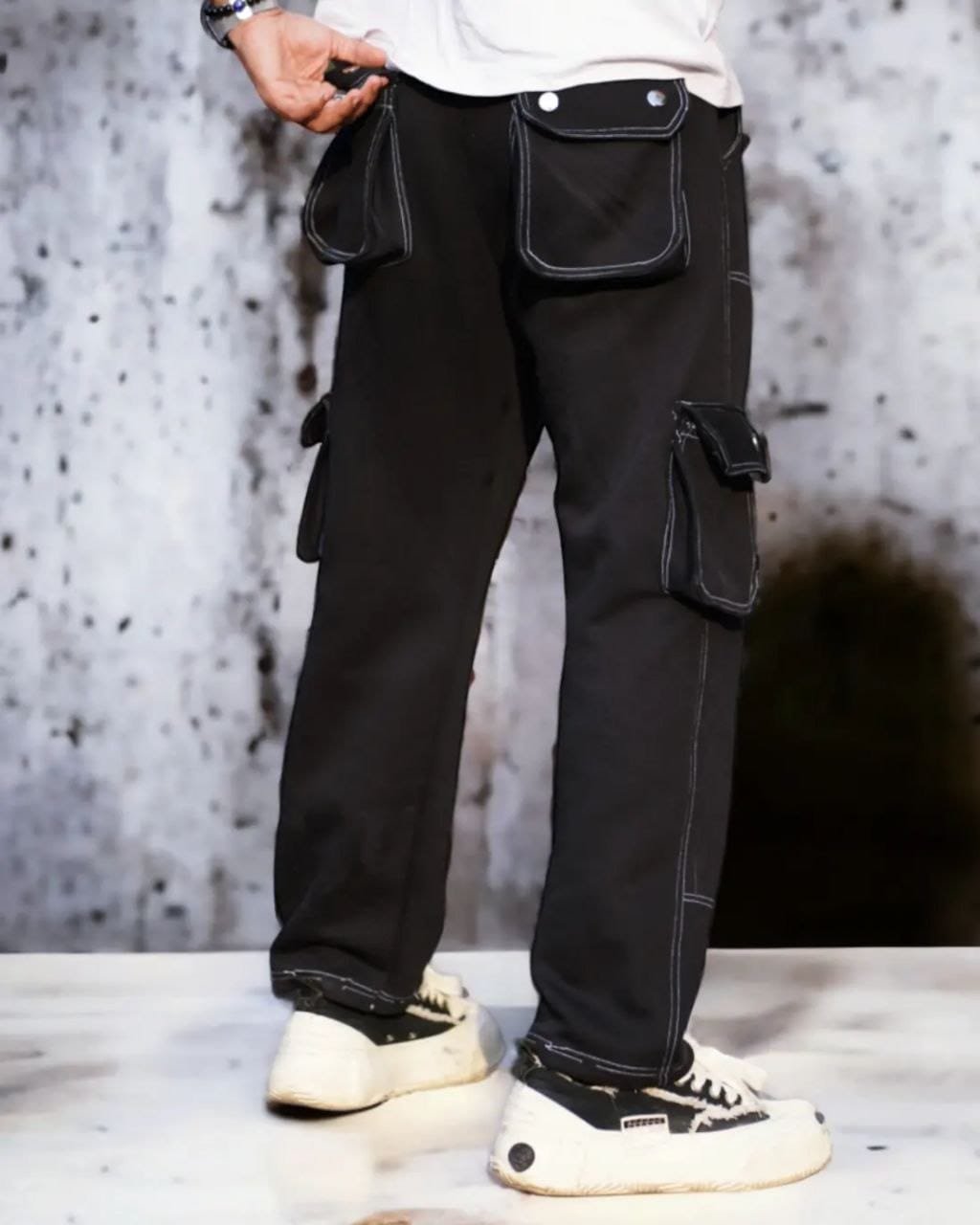 Black Contrast Stitching Straight Aesthetic Baggy Track Pant