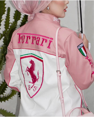 Pink Ferrari Leather Jacket – Luxe Motorsport Streetwear | Heat Drop® Edition