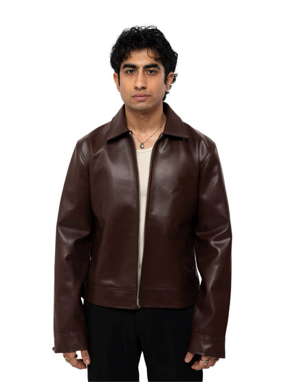Classic Chocolate Brown Unisex Collar Leather Jacket – Heat Drop