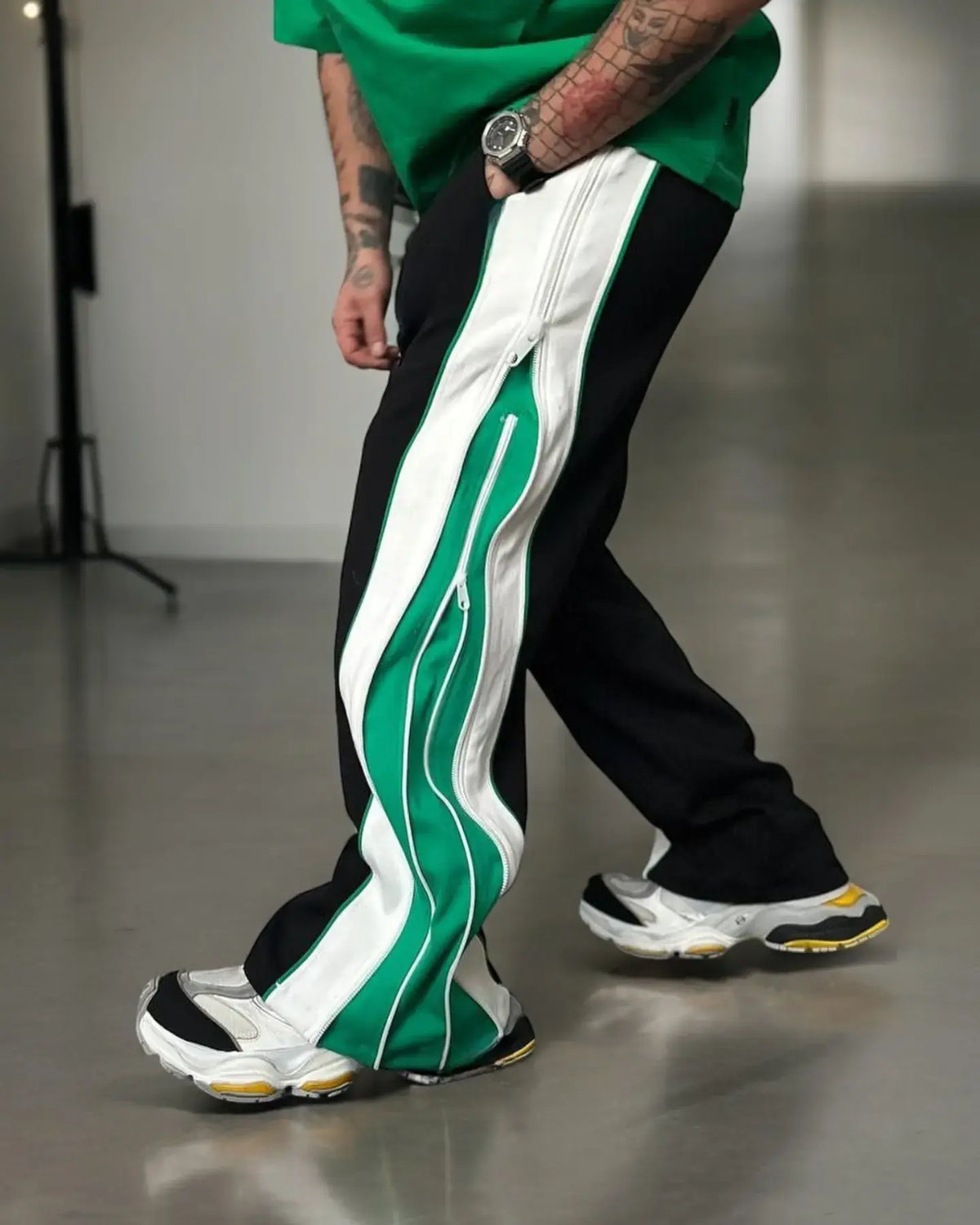 Exotix Green Straight Fit Baggy Pants 3 Way Zip Up Joggers