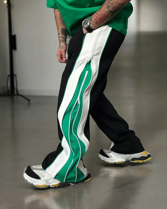 Exotix Green Straight Fit Baggy Pants 3 Way Zip Up Joggers