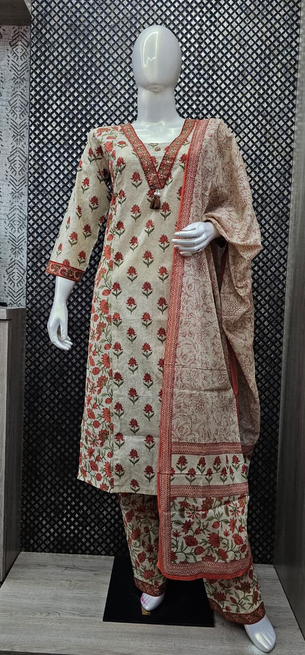 Beige & Rust Floral Block Print 3-Piece Suit Set – Kurta, Palazzo & Dupatta