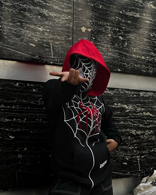 Black Double Cap Spider Man Full Zip Hoodie