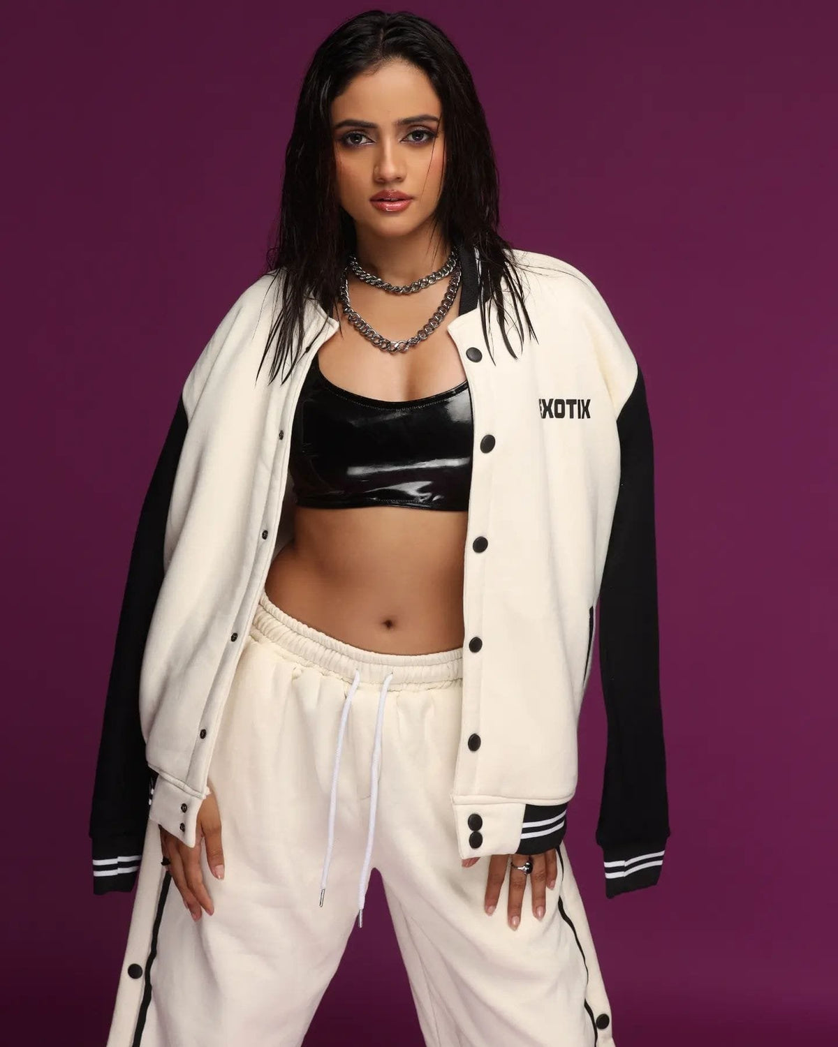 Exotix Cream and Black Varsity Co-ord Set for Women Modern Two Piece Athletic Outfit