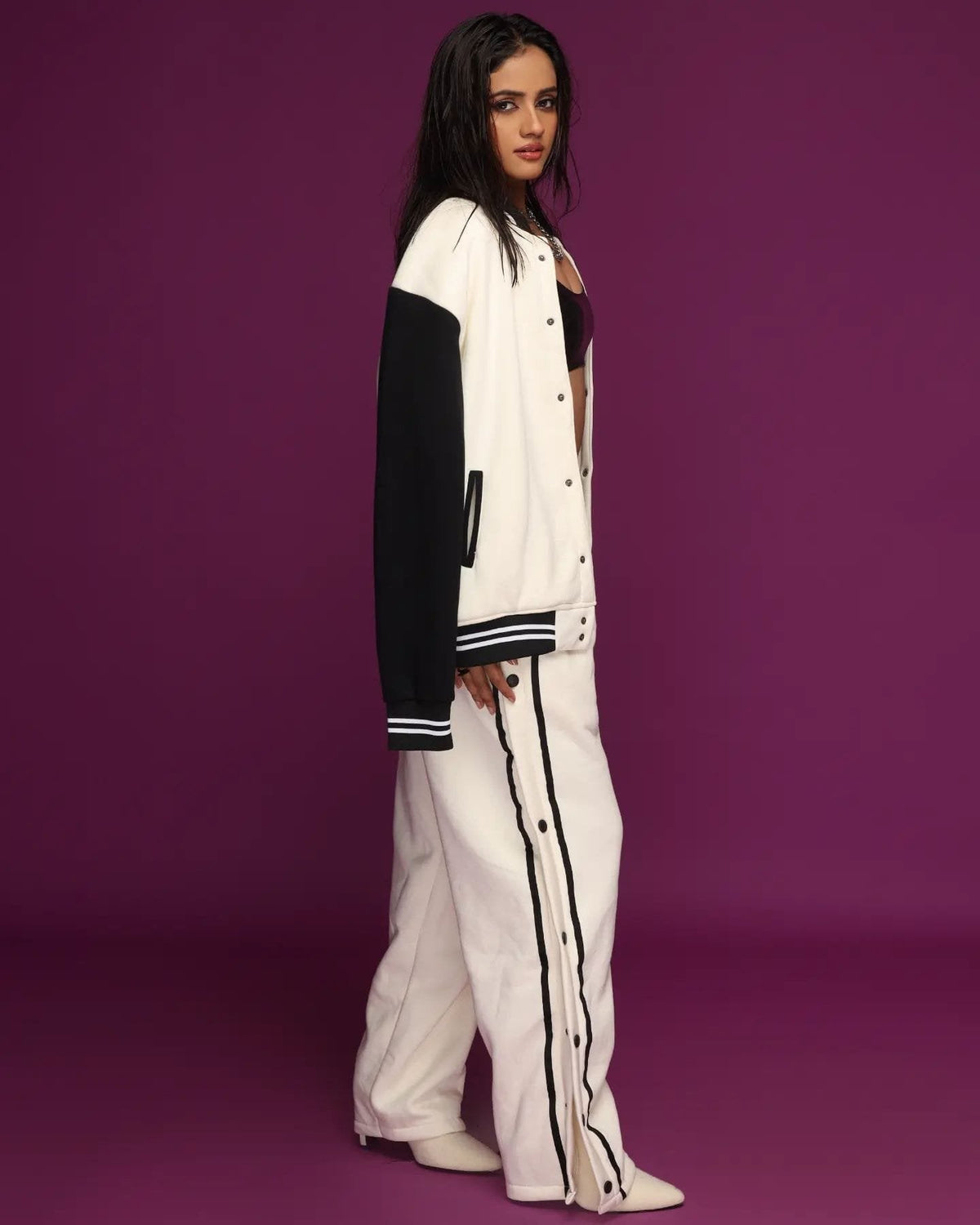 Exotix Cream and Black Varsity Co-ord Set for Women Modern Two Piece Athletic Outfit