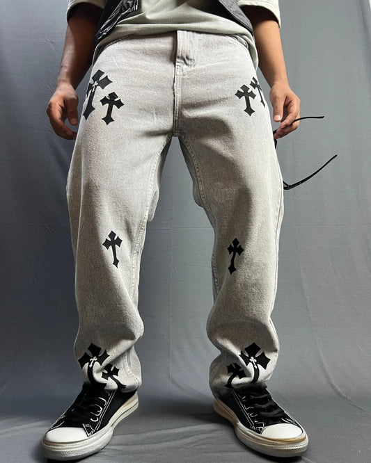 Cross Printed Baggy Jeans Vintage Streetwear Straight Fit Jeans