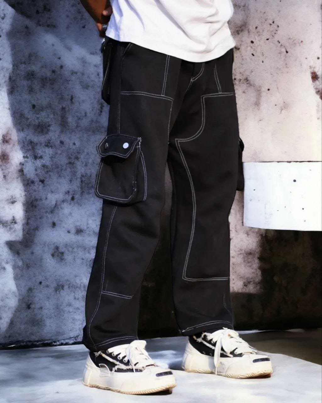 Black Contrast Stitching Straight Aesthetic Baggy Track Pant
